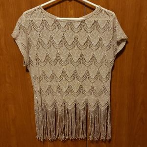 Maurices Beige Lace Metalic Fringe Top
